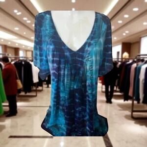 Greater Good Tunic Top 4XL Blue Tie Dye Artsy Boho Hippie Lagenlook Layer Blouse